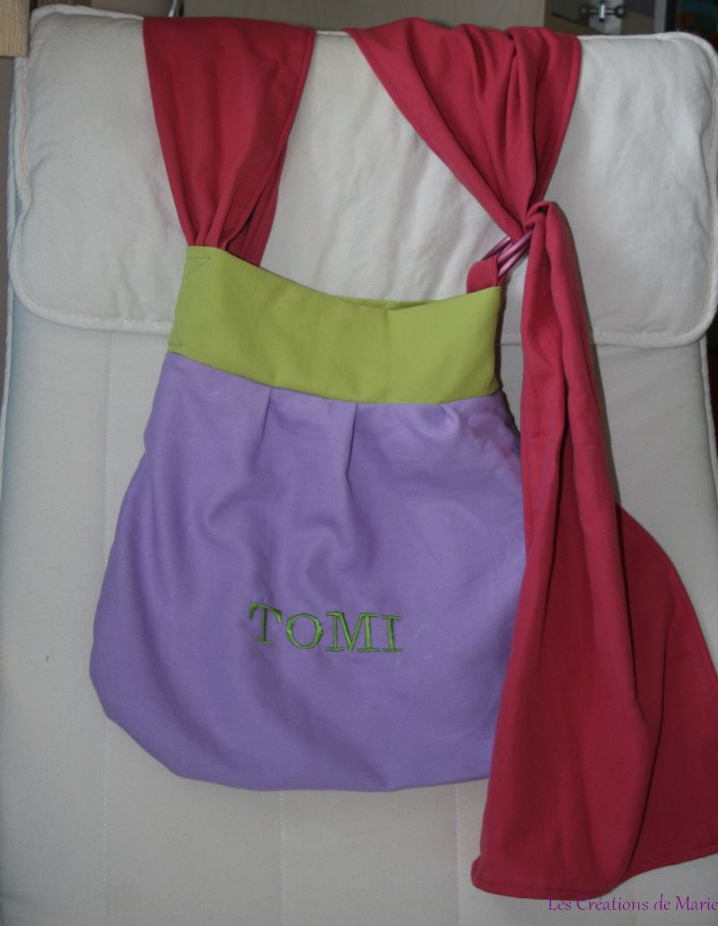 Sac de portage type slingyroo violet rose et vert